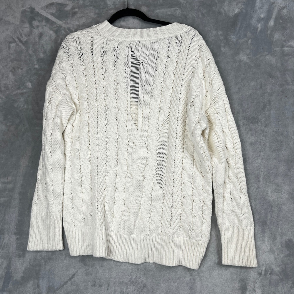 EXPRESS Womens Sweater Cream Cable Knit V Neck Oversized Distressed Medium - Picture 12 of 12